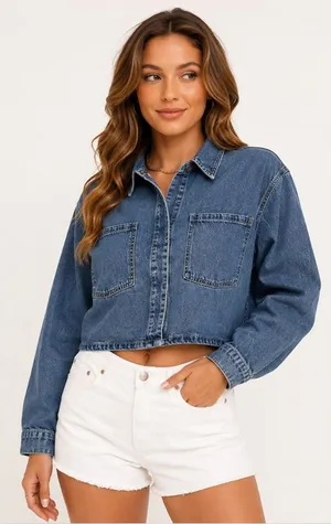 Ultra Flirt Denim Overshirt Women’s Large Cropped Blue Snap Front Shirt Jacket thumbnail 1