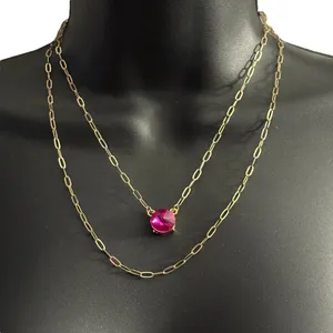 Gold tone layered hot pink gemstone pendant necklace thumbnail 1