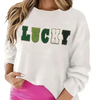Lucky Glitter Letter Pullover Crewneck Sweater Women’s L thumbnail 1