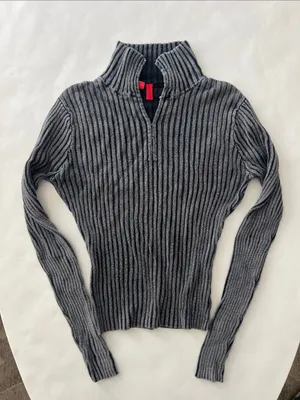Vintage FRIENDS Monochrome Acid Wash Ribbed Mock Neck Stretchy Longsleeve Top M thumbnail 1