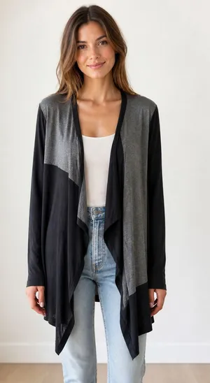 Adrienne Vittadini Women's Draped Open Front Cardigan Black Gray XL thumbnail 1