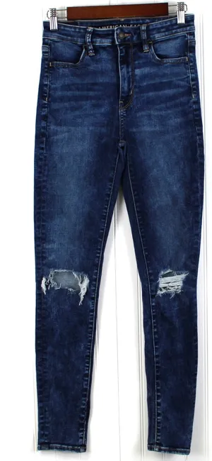 AEO Womens 4 Super Hi-Rise Jegging Distressed‎ Dark Wash Stretch Hipster Grunge thumbnail 1