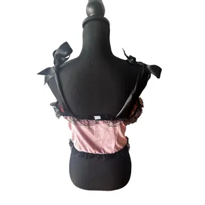 Goth Velvet Pink Black Lace Frill Cami XL Corset Style Sweetheart Top Chic thumbnail 2