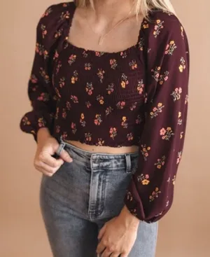 Love Tree Small Maroon‎ Boho/Vintage Floral Smocked Crop Top NWOT thumbnail 1
