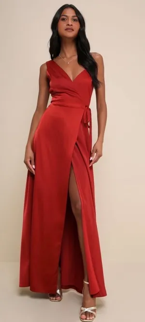 NWT Lulus Red Rust Satin Wrap Maxi Dress - Size M 💃 thumbnail 1