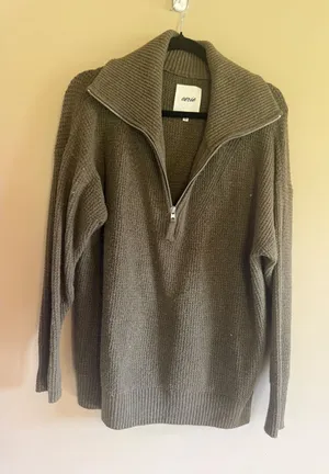 Aerie Olive Green‎ Quarter Zip Ribbed Knit Oversized Sweater Mock Neck XS thumbnail 1