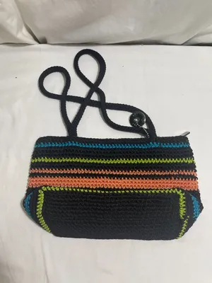 The Sak Crochet Knit Shoulder Bag Black Multicolor Striped Zip Boho Handbag thumbnail 6