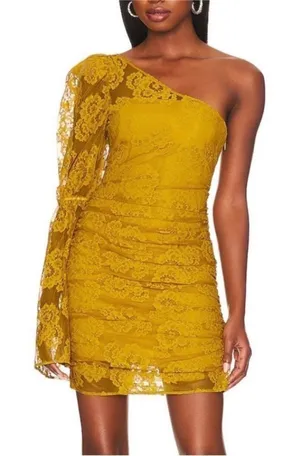 For Love & Lemons Yellow Tiana Lace One Shoulder Mini Dress Size Medium NWT thumbnail 1