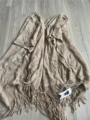 Beige Open-Knit Fringe Women's Sweater Cardigan thumbnail 1