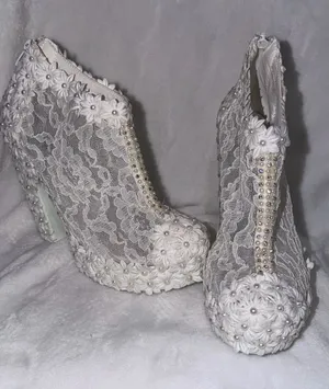 White Lace Floral Pearl Accent Women's Heeled Booties thumbnail 1