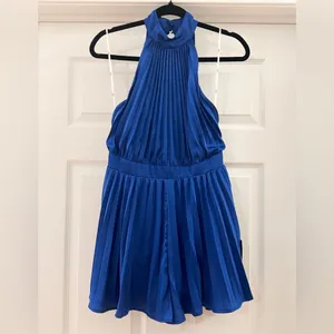 NWT Lulus Seriously Stunning Cerulean Blue Satin Pleated Backless Romper Small thumbnail 5