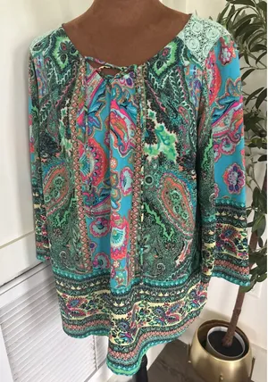 Figueroa & Flower Blue Green Paisley Lace Crochet Bell Sleeve Top 1X thumbnail 1
