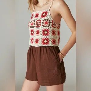 Lucky Brand Crochet Romper Pink Granny Square Boho Coachella Festival Size M NWT thumbnail 2