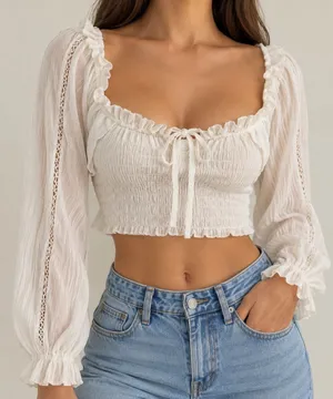 Sim & Sam White Peasant Crop Top Size S Long Sleeve Boho Cottagecore thumbnail 1