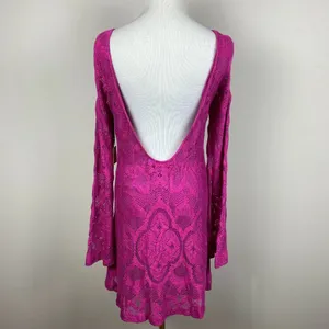 Nightcap Mini Dress Large Pink‎ Lace Open Back Bell Sleeve Boho Boatneck New NWT thumbnail 4