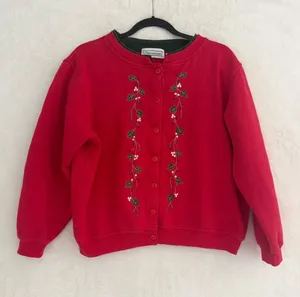 Shenanigans Vintage Red Holly Embroidered‎ Fleece Button Front Cardigan XL thumbnail 1