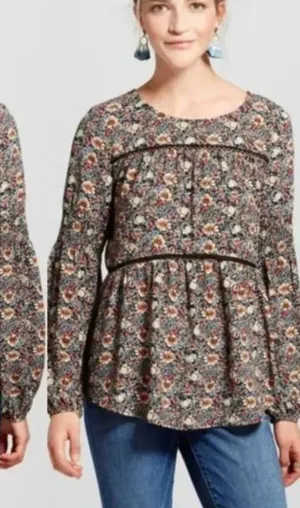 KNOX ROSE Smocked Floral Tie Back Top Black Etc Boho Long Sleeve Peasant Blouse thumbnail 1