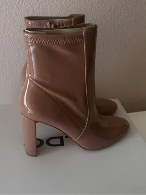 Patent Leather Nude Mid-Calf Block Heel Boots - Women thumbnail 14