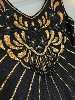 Babeyond Black & Gold Art Deco Fringe Cocktail Dress flapper costume sequins thumbnail 3