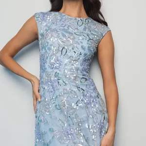 MAC DUGGAL 5647 Blue Sequined High Neck Cap Sleeve A Line Gown thumbnail 4