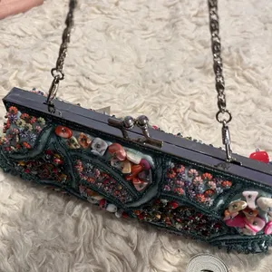Hand Beaded Shell Clutch Purse Teal Blue Kiss Lock Evening Bag w/ Chain thumbnail 13