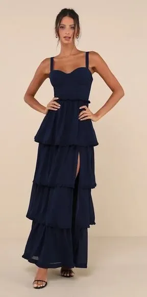 Lulus Sophisticated Occasion Navy Blue Bustier Lace-Up Maxi Dress Size L thumbnail 1