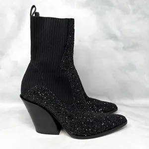 Jimmy Choo Mele Glitter 85 Chelsea Stretch Knit Block Heel Ankle Boots Black 36 thumbnail 4