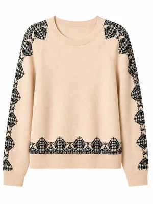 J Crew Women’s,Peach Cream/Black Marino Wool,Embroidered Sweater.Size-Small. thumbnail 1