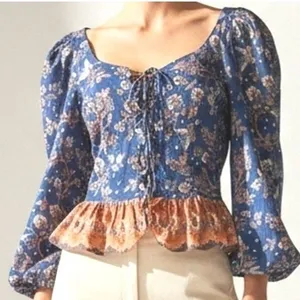 House of Harlow 1960 Peplum Top Women‎ S Blue Floral Lace-Up Boho Puff Sleeve thumbnail 1