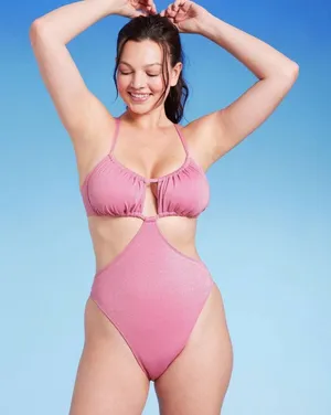 NWT Wild Fable Womens Cut Out One Piece Swimsuit 87763489 XS Pink Lurex thumbnail 1