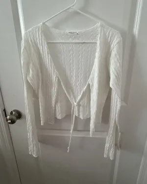 Good Days Project White Knit Tie-Front Long Sleeve Cropped Cardigan thumbnail 1