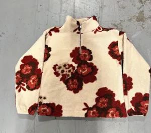 Loft Floral Sherpa Fleece Quarter Zip Pullover Cream Red Brown Small thumbnail 1