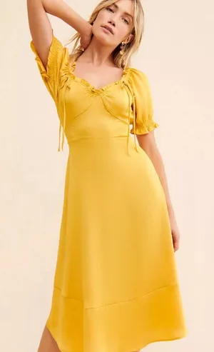 Current Air Anthropologie yellow midi dress with ruffle sleeves and tie detail, size S thumbnail 1