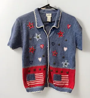 Koret City Blues Patriotic USA Flag Cardigan Americana Stars Hearts Knit Top thumbnail 1