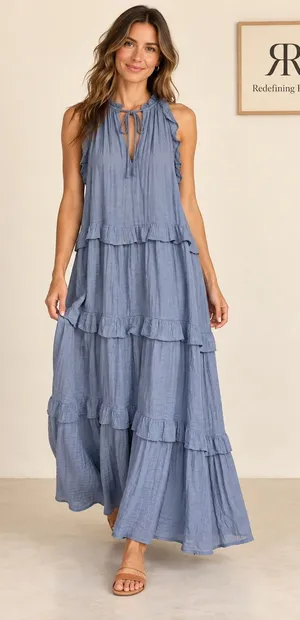 &merci Blue Ruffle Tiered Sleeveless Halter Maxi Dress S Boho Crinkle Flowy thumbnail 1