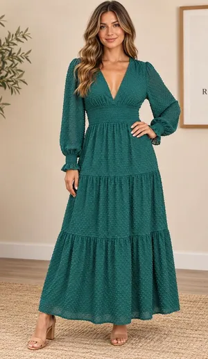 Ryegrass Hunter Green Clip Dot Smocked Tiered Maxi Dress Small VNeck Long Sleeve thumbnail 1