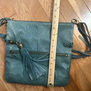 Lucky Brand Teal Leather Foldover Crossbody Hobo Bag Boho Fringe Distressed thumbnail 15