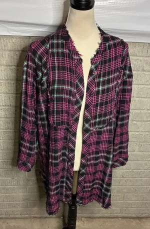Free People Pink Black Plaid Fringe Duster Flannel‎ Oversized Medium thumbnail 1