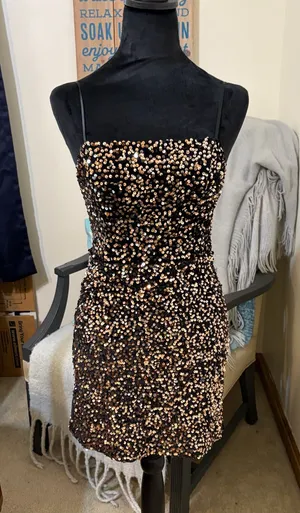Kiss the Sky Cute, black and gold sequin mini dress thumbnail 1