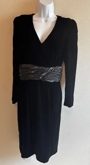 Maggy Boutique Velvet Cocktail Dress 10 Black Silver Ruched Waist Vintage 80s‎ thumbnail 1