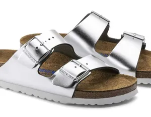 Birkenstock Arizona soft footbed sandals 38 metallic silver leather slides thumbnail 1