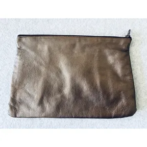 Vintage Leather Clutch Metallic Brown Zip Purse 80s Minimalist Bag Retro thumbnail 2
