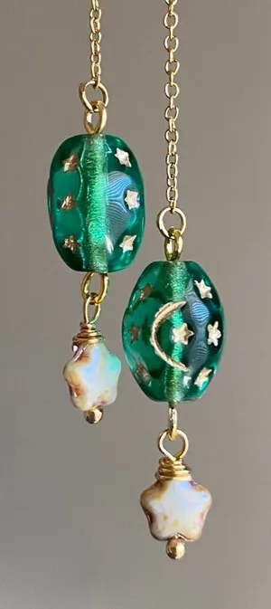 Handmade boho vintage goth grunge fairy whimsical style quality Czech glass moon/star beads stainless threader earrings🌝🌠💚⭐️ thumbnail 1