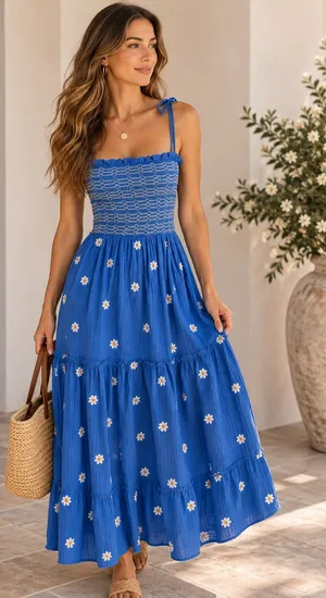 Boutique Sz S Blue Daisy Smocked Tie Strap Tiered Maxi Dress Cottagecore thumbnail 1