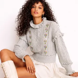 Zara Grey Knit Sweater Floral Embroidered Ruffle Collar S Twee Cottagecore Boho thumbnail 1