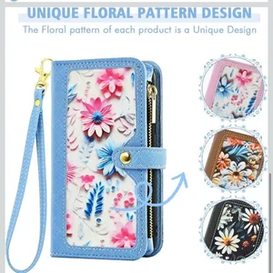 iPhone 16 6.1” Case Wallet Case Floral Wristlet Blue Card Holder Phone FC7 thumbnail 6