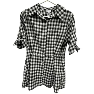 Kate Lily Gingham Short Tie Sleeve Button Up Tunic Blouse Black White Womens 8 thumbnail 7