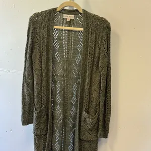 Knox Rose Olive Green Pointelle Knit Open Front Duster Cardigan Sweater Small thumbnail 3