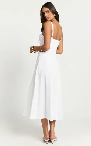 New Showpo MAIYA Midi Dress Tie Front Fitted Bodice Dress In White Size 4 thumbnail 5