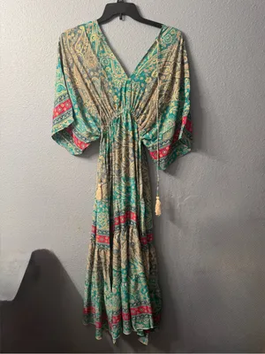 Bohemian Teal Paisley Maxi Dress with Tie Waist nwt thumbnail 6